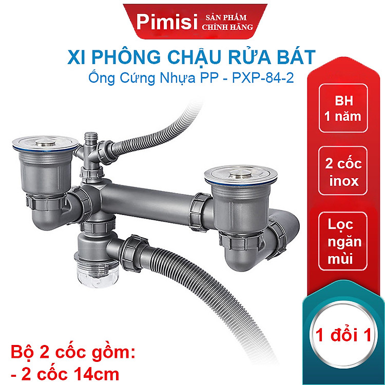 Bộ Xi Phông Xả Thải Bồn Rửa Chén Bát 2 Hố Phi 140 Pimisi PXP-84-2 Nhựa Cứng Không Đọng Nước Có Thoát Tràn | Chính Hãng