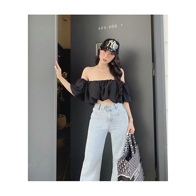 Áo croptop trễ vai nhún phồng