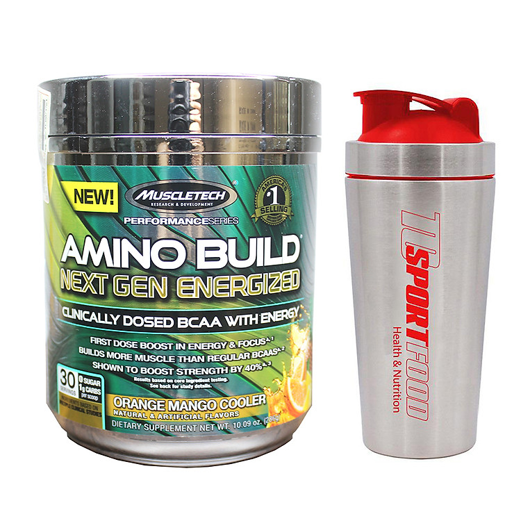Combo BCAA Amino Build Next gen hương Orange Mango Cooler (Cam Xoài) của Muscle Tech hộp 30 lần dùng hỗ trợ phục hồi cơ, chống dị hóa cơ, tăng sức bền sức mạnh vượt trội, đốt mỡ, giảm cân, giảm mỡ bụng mạnh mẽ cho người tập thể thao & Bình lắc INOX 739ml