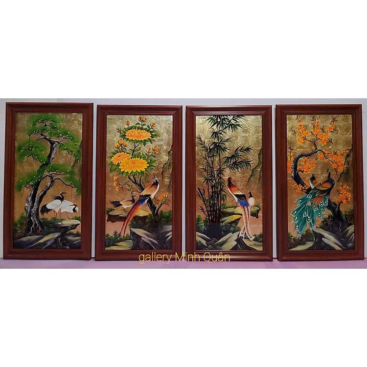 Bộ tứ quý -Tùng cúc trúc mai " Tranh sơn mài thếp vàng cao cấp"