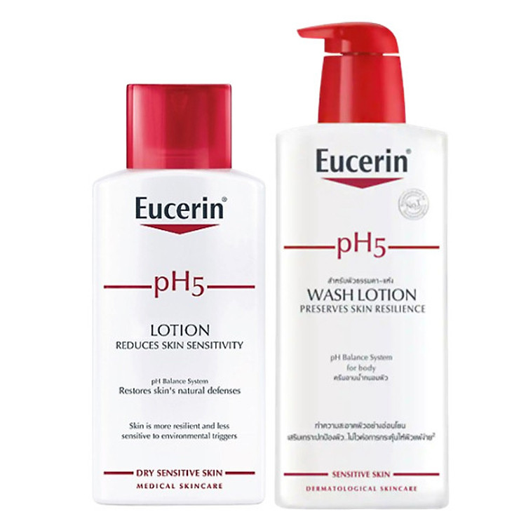 Bộ Sữa Dưỡng Thể Cho Da Nhạy Cảm Eucerin pH 5 lotion 250ml Và Sữa Tắm Cho Da Nhạy Cảm Eucerin pH 5 Washlotion (400ml)