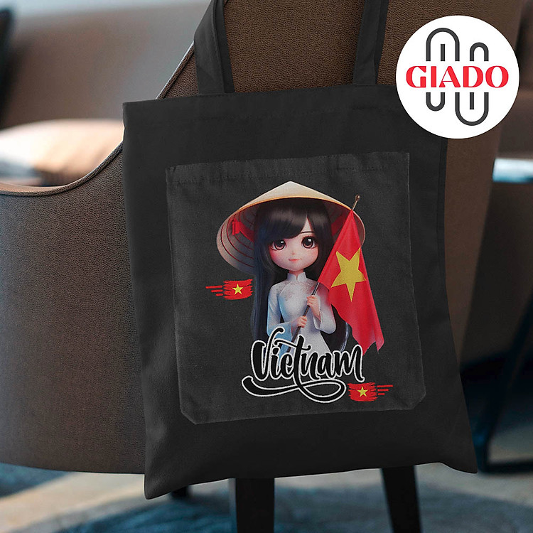 Túi canvas GIADO, túi vải bố, túi tote mẫu cô gái Việt Nam áo dài - Nhiều kích thước và màu sắc