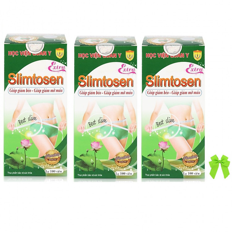 Bộ 3 hộp thuốc hỗ trợ giảm cân không tác dụng phụ chiết xuất lá sen Slimtosen Extra Học viện quân y (100 viên/hộp) và nơ