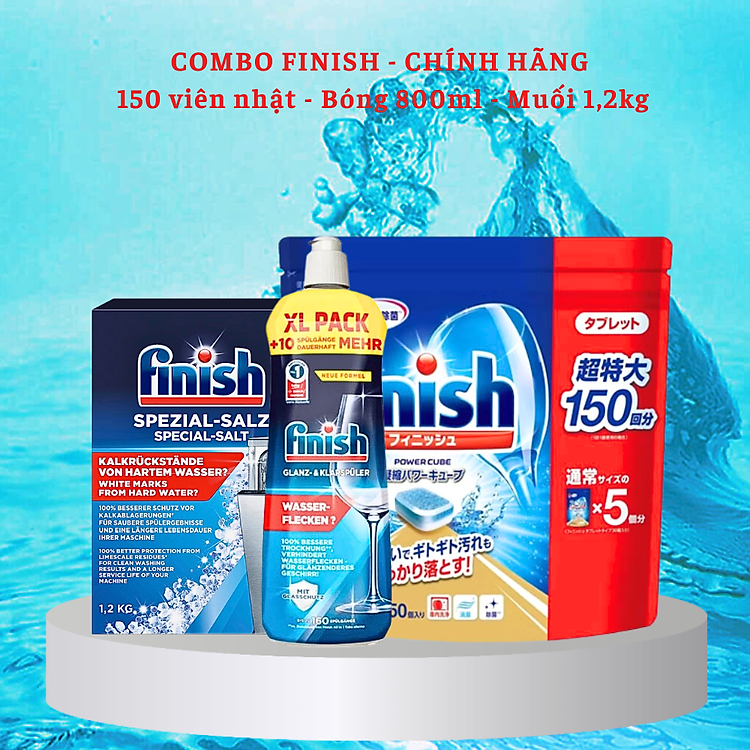 Combo Viên rửa bát Finish nhật 150 viên + muối rửa bát finish 1.5kg + nước làm bóng bát finish 800ml