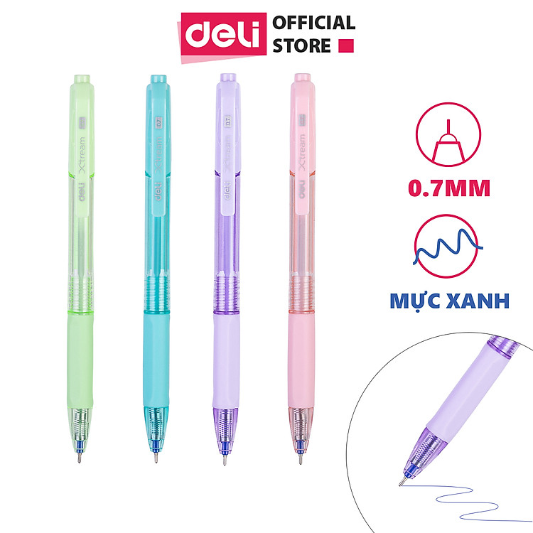 Bút bi bấm ngòi 0.7mm mực xanh Deli (1 chiếc)