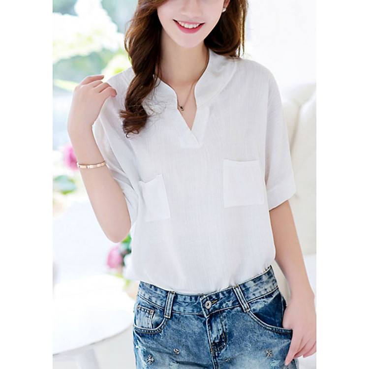 Áo sơ mi nữ chất đũi form rộng 2 túi trước (Trắng)