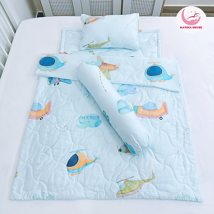 Combo 4 món Chăn gối nệm cho bé đi học Katina House, vải Tencel mềm mát, thấm hút tốt