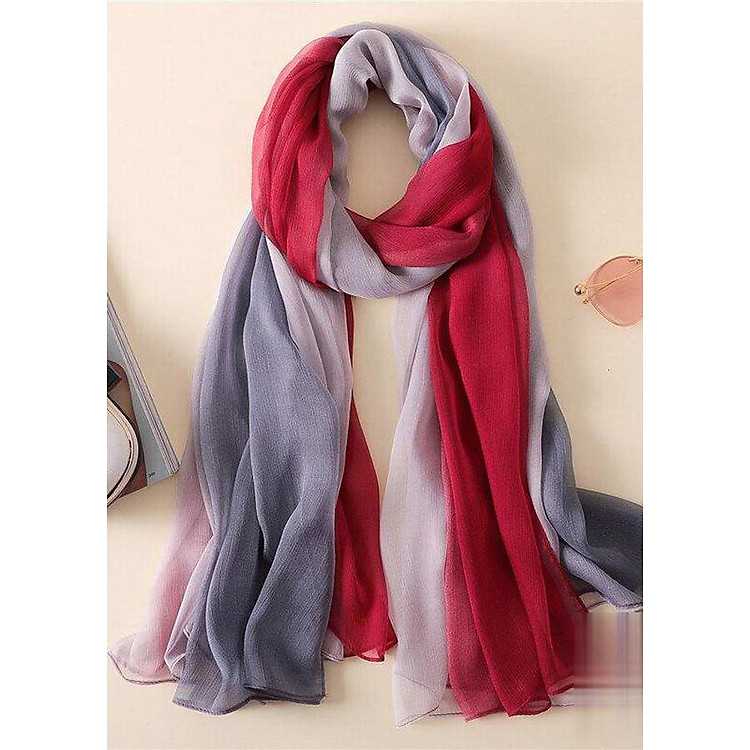 Khăn Choàng Cổ Lụa Tơ Tằm Ombre Đỏ Đô, Xám - Silk - 180x90cm - Mã KS059
