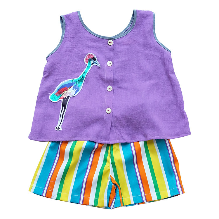 Set Áo Họa Tiết Chim Và Quần Sọc Màu Bé Gái CucKeo Kids T31920