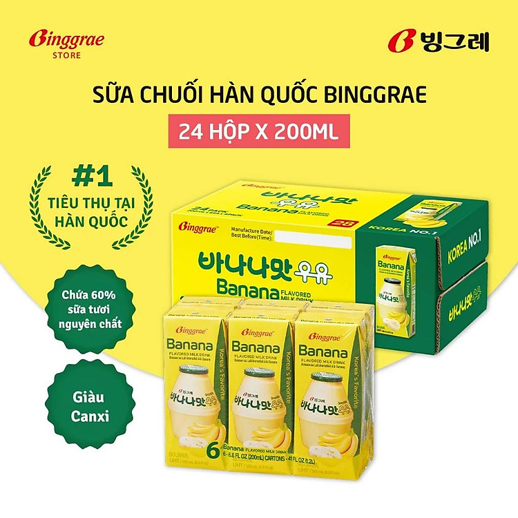 Thùng 24 hộp Sữa chuối 200ml nhãn hiệu Binggrae
