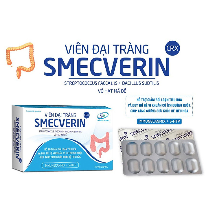 VIÊN ĐẠI TRÀNG SMECVERIN - HỖ TRỢ ĐIỀU TRỊ VIÊM ĐẠI TRÀNG CO THẮT - HỘI CHỨNG RUỘT KÍCH THÍCH - RỐI LOẠN TIÊU HÓA - NGĂN NGỪA TIÊU CHẢY, TÁO BÓN - HỘP 30 VIÊN