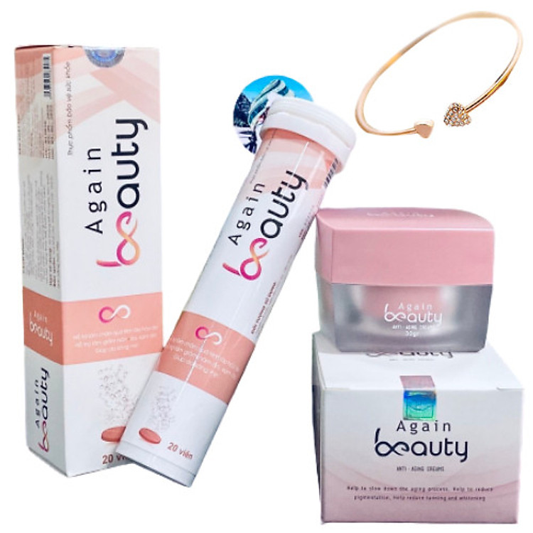 Combo Viên sủi Chống lão hóa Again beauty + Kem bôi Again beauty, Tặng Vòng Tay Mạ Vàng Sang Trọng