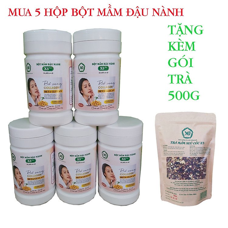 Combo 5 Hộp Bột Mầm Đậu Nành X5 Có Bổ Sung Collagen, Betaglucan (Tặng trà mầm ngũ cốc X5 -500gr)
