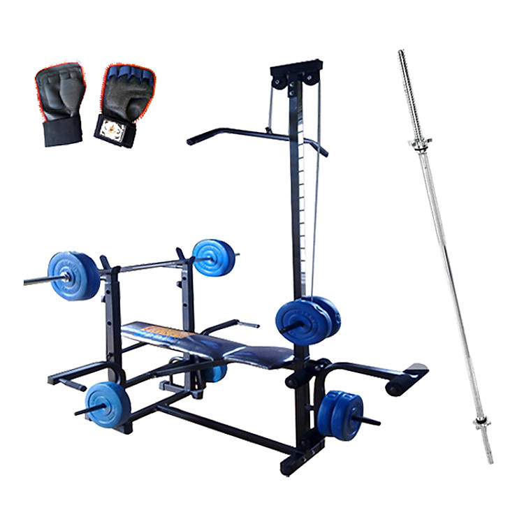 Combo Giàn tạ đa năng kéo xô DNS664 + Đòn tạ 1.5m + Găng tay tập tạ (Chưa có bánh tạ)