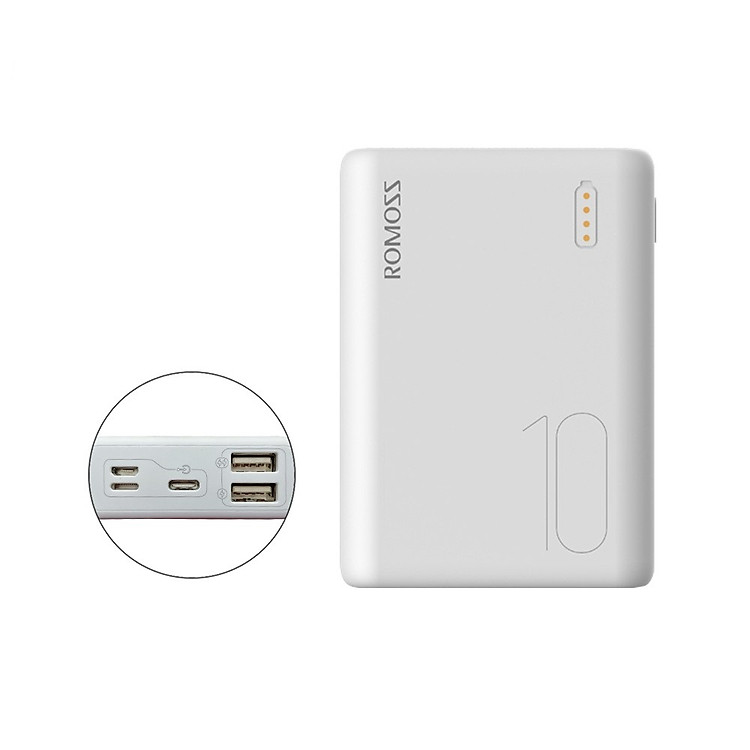 Pin sạc dự phòng Romoss Simple 10 10.000mAh nhỏ gọn 3 cổng input Micro - Lightning - Type C – Hàng chính hãng