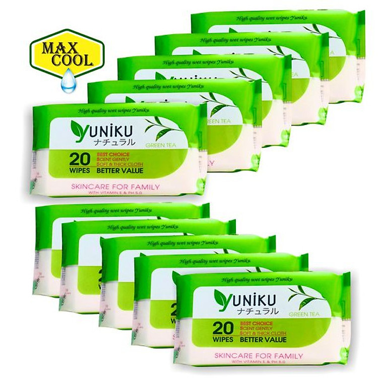 Combo 10 Gói Khăn Ướt Yuniku 20 Tờ Hương Trà Xanh ( 20 Tờ x 10 )