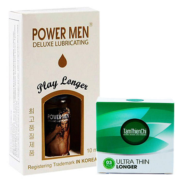 Gel bôi trơn Kéo Dài thời gian Powermen Play Longer chai 10ml Tặng 1 hộp Bao cao su siêu mỏng kéo dài Tâm Thiện Chí Ultrathin Longer hộp 3 cái