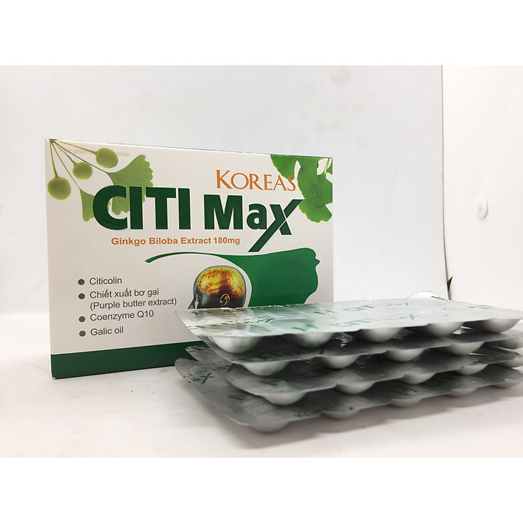 Tăng cường lưu thông máu não, cải thiện trí nhớ, giảm đau đầu, chóng mặt, mất ngủ, rối loạn tình đình Viên uống bổ não KOREAS CITI MAX chứa cao đinh lăng, bạch quả, gingko Biloba.Hộp 60 viên dùng trong 1 tháng