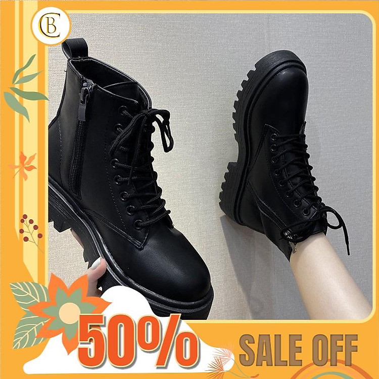 (Hàng sẵn) Giày bôt nữ lửng buộc dây khóa bên