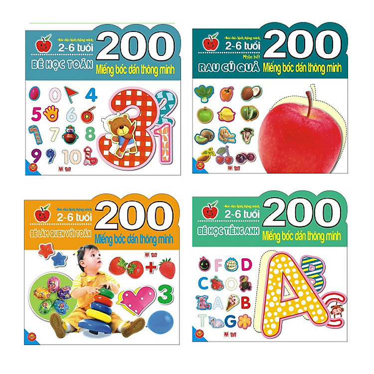 Sách 200 Miếng Bóc Dán Thông Minh - Bé Học Tiếng Anh + Bé Học Toán + Bé làm Quen Với Toán + Nhận Biết Rau Củ Quả