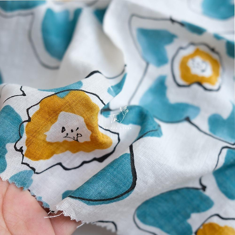Vải Linen - xô hoa xanh cổ vịt