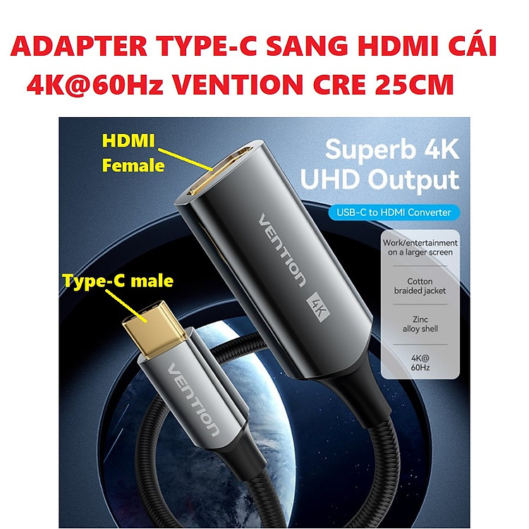 Đầu chuyển cổng type C sang HDMI female 4K@60Hz cho macbook laptop điện thoại Vention CRE ( 25cm) _ hàng chính hãng