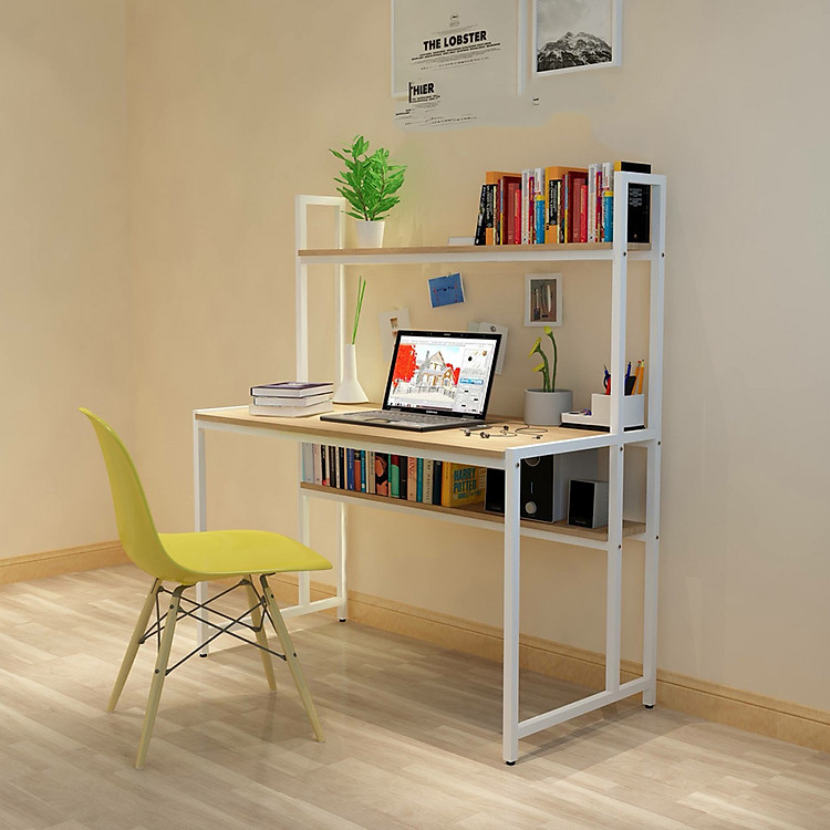 Bàn làm việc liền giá sách BLV13 khung trắng