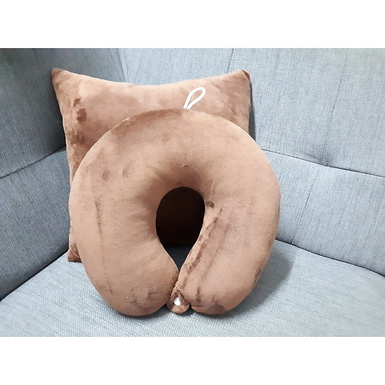 Combo Gối tựa lưng văn phòng - gối kê cổ ngủ trưa có nút bấm - Nâu đậm