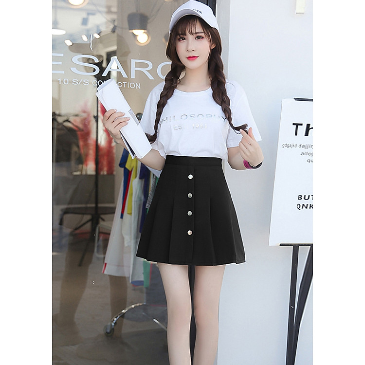 Chân Váy Xếp Ly Phối Nút Sara mt168