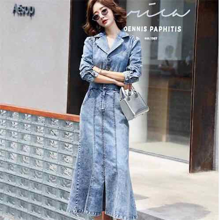 Đầm Jean nữ cao cấp thiết lế dáng dài nhún eo sang chảnh - NP1706