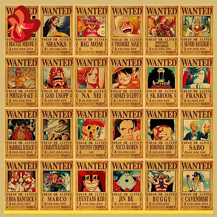 Bộ 66 Wanted Poster nhân vật One Piece tranh truy nã hải tặc One Piece kich thước 42*29cm