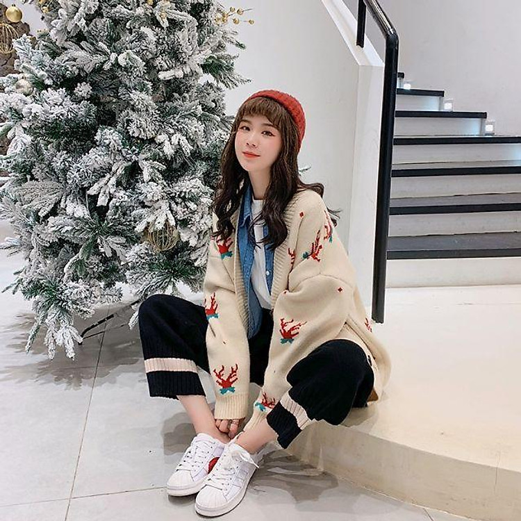 Áo khoác len Cardigan nữ hình Tuần Lộc Giáng Sinh (sẵn đen, kem) Có ảnh thật
