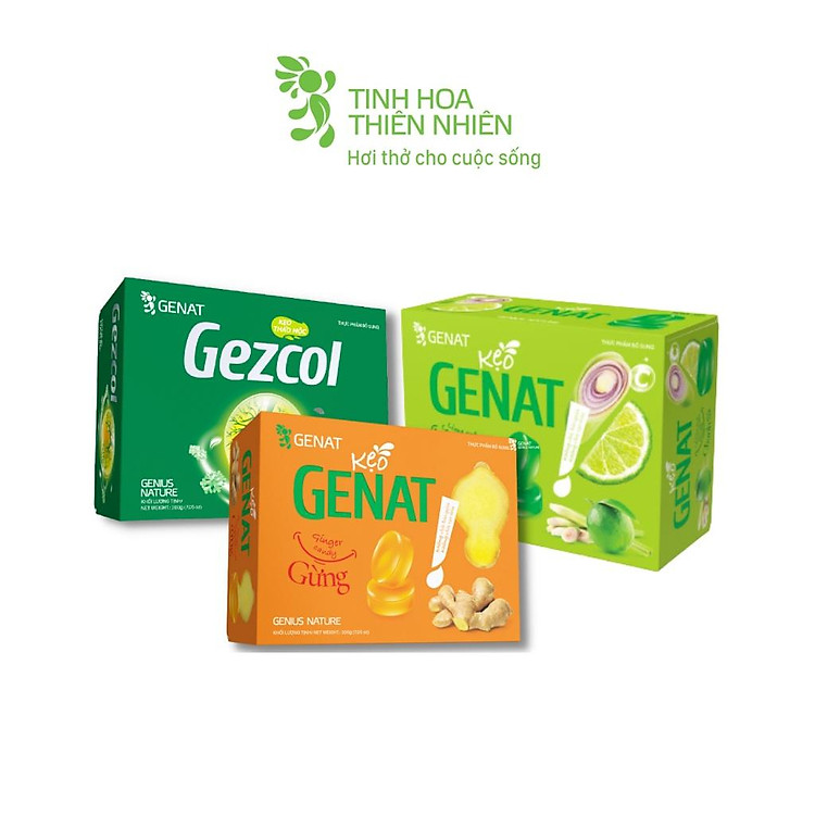 Combo 3 hộp 100 viên - Kẹo thảo mộc Gezcol - Kẹo Genat Gừng - Kẹo ngậm Chanh sả - Genat - Tinh hoa thiên nhiên