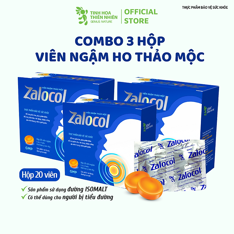 Combo 3 hộp 20 viên - Viên ngậm ho thảo mộc Zalocol Hỗ trợ giảm đờm, đau rát họng, khản tiếng - Genat - Giao 2H HCM
