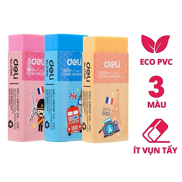 Set 3 gôm tẩy hình vẽ hoạt hình Deli W27950 / W27956 - Gôm tẩy màu Deli 27950 / 27956