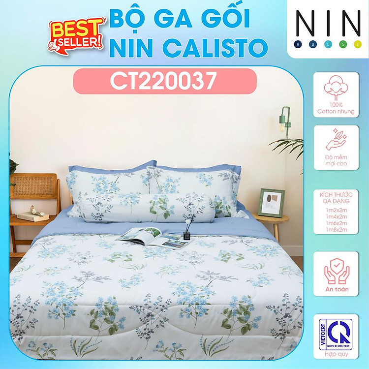 NEW 2024 Bộ 3,4 món drap cotton, áo gối NIN Calisto CT220037 1m2, 1m4, 1m6, 1m8 bọc nệm bo chun, cao cấp