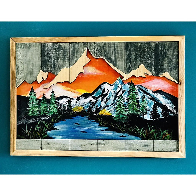 Tranh Vẽ Bằng Màu Acrylic kết hợp gỗ tự nhiên 40x60cm