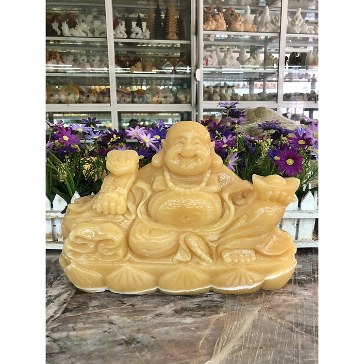 Tượng Phật Di Lặc ngồi tựa bao tiền cầm thỏi vàng phong thủy đá ngọc onyx - Dài 30 cm