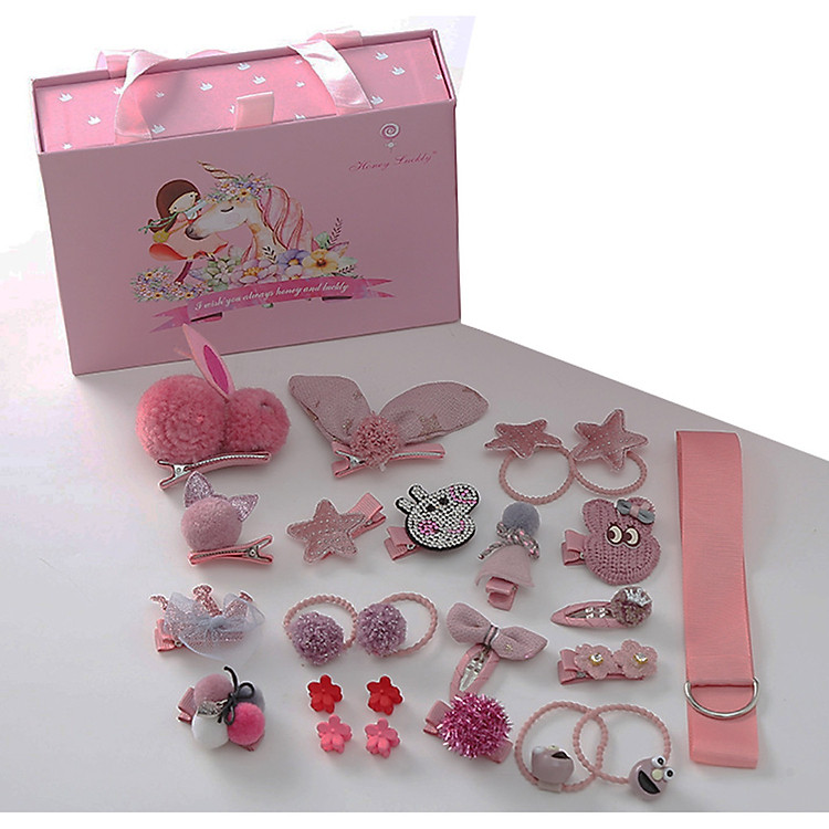 Hộp kẹp tóc 24 chi tiết: nhiều tông hồng; hình chú thỏ con, heo peppa, hoa, nơ... Kẹp tóc có túi quai sách kèm theo, siêu xinh cho bé gái từ 2-10 tuổi.