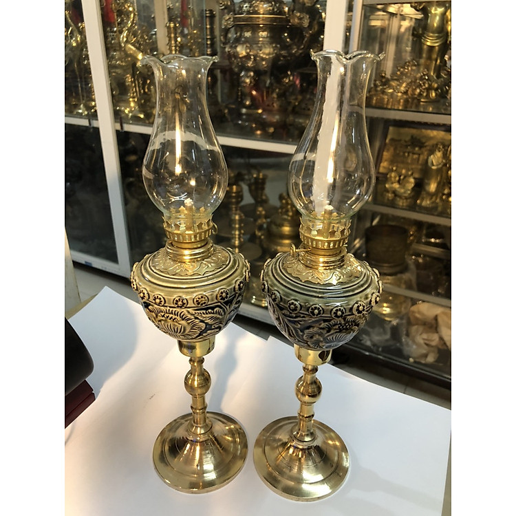 Đèn dầu bằng đồng kết hợp đá nâu cao 28cm