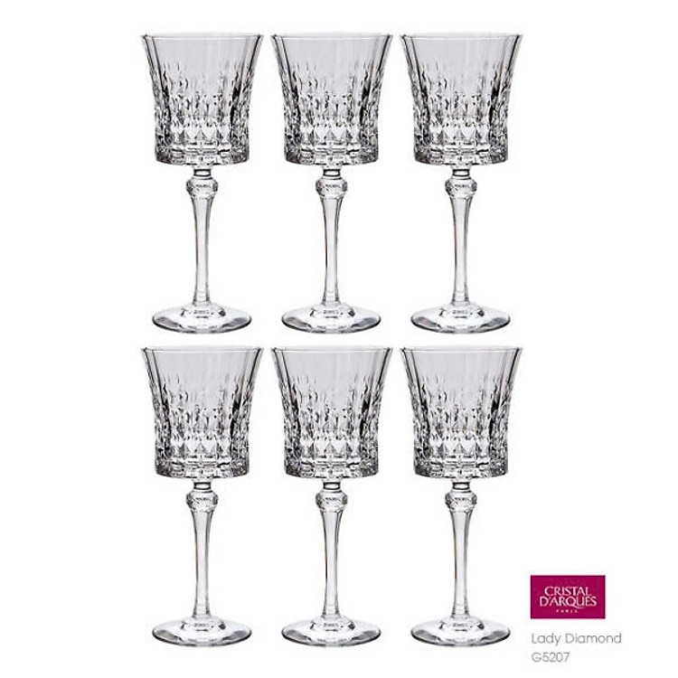 BỘ 6 LY VANG PHA LÊ PHÁP CRISTAL D'ARQUES LADY DIAMOND 270ML Hàng chính hãng