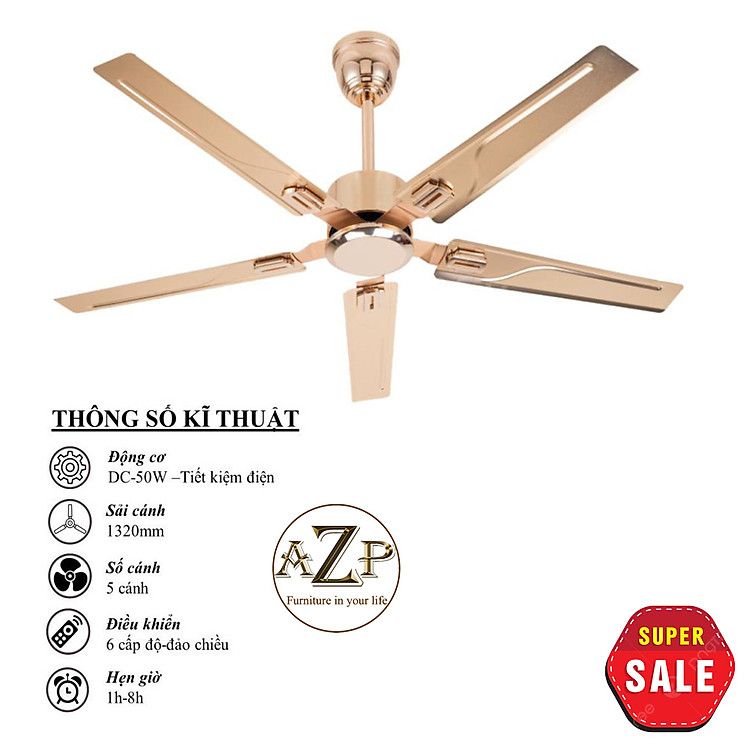 Siêu Sales QUẠT TRẦN AZP- 5 CÁNH KIM LOẠI, CÔNG XUẤT 50W, CÓ REMOTE- Hàng Nhập Khẩu