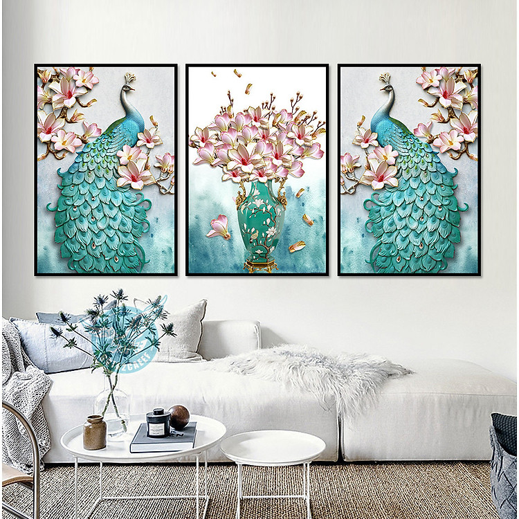 Decal dán tường trang trí phòng ngủ bộ 3 tranh đôi chim công bên hoa Mộc Lan xanh ngọc Tipo_0622