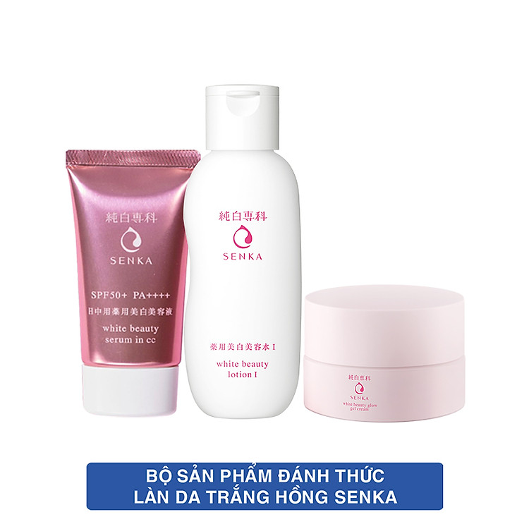 Bộ sản phẩm Senka đánh thức làn da trắng hồng (CC Serum Senka 40g + Senka White Beauty Lotion I 200ml + Senka White Beauty Glow Gel Cream 50g)