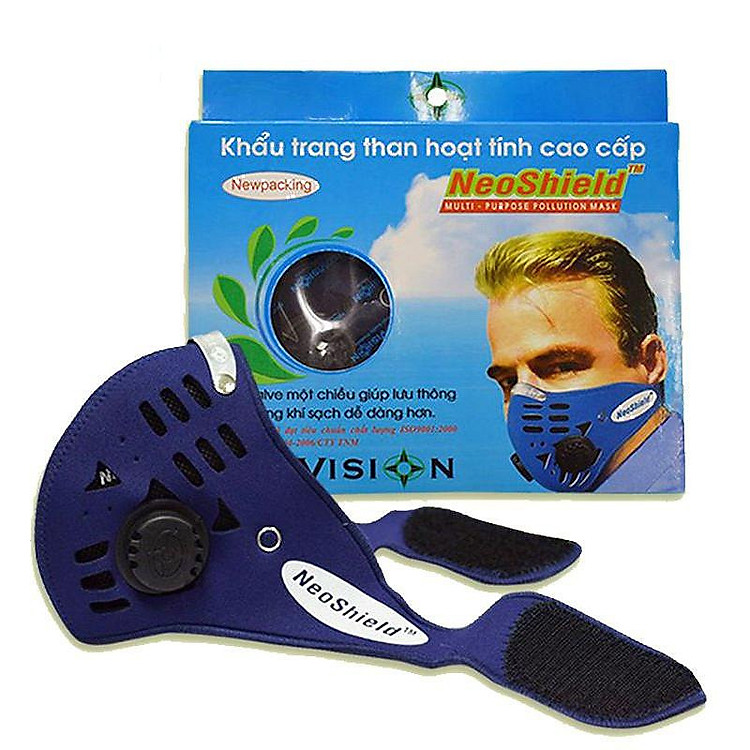 Khẩu trang than hoạt tính cao cấp chính hãng chống bụi PM2.5 , kháng khuẩn bảo vệ hô hấp , có Van thở NeoVision NeoShield (Xanh đậm) Quàng qua gáy