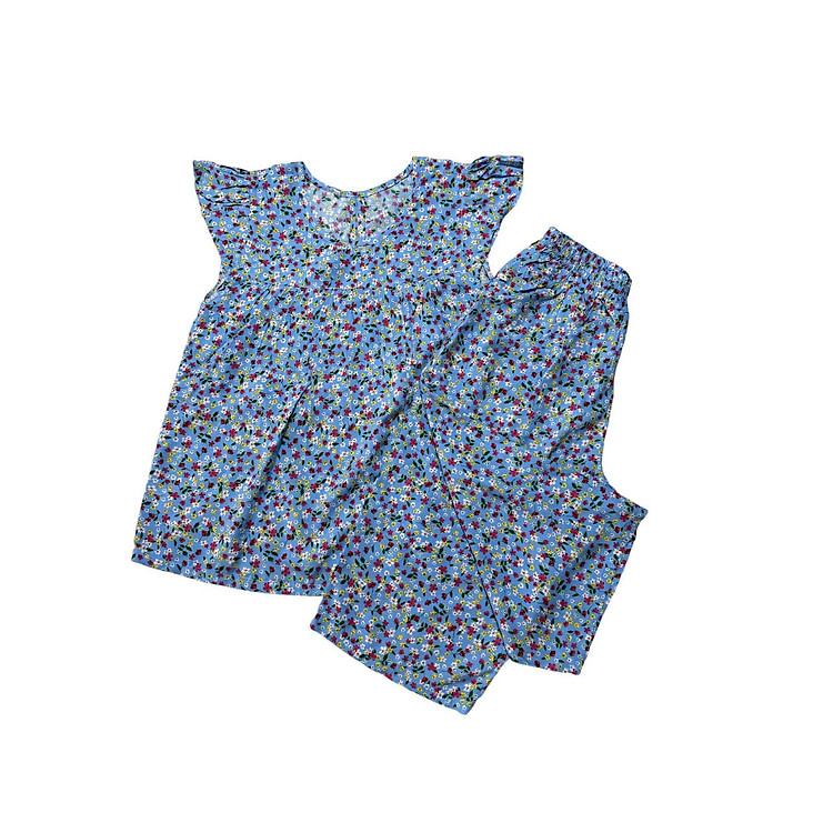 Đồ bộ nữ, đồ ngủ mặc nhà lửng cổ vuông phối ren F21 tay cánh tiên vải lanh BL161 họa tiết dễ thương size 45-70kg.