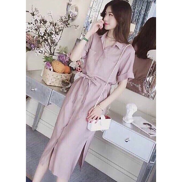 đầm maxi hồng cam rút eo ( dưới 60kg)XDS242