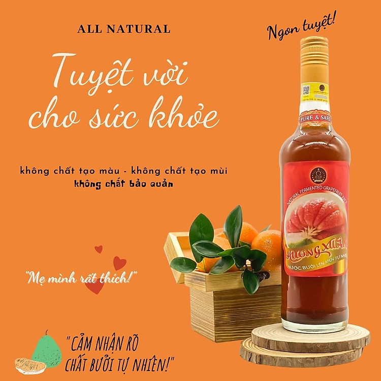 Nước bưởi lên men tự nhiên Hương Xuân 100% không hóa chất tổng hợp - Naturally fermented pomelo juice