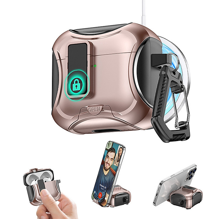 Ốp bảo vệ Kai.N Cyber MagLock có khoá thông minh cho Airpods 4 sạc từ tính, kèm móc treo_ Hàng Chính Hãng