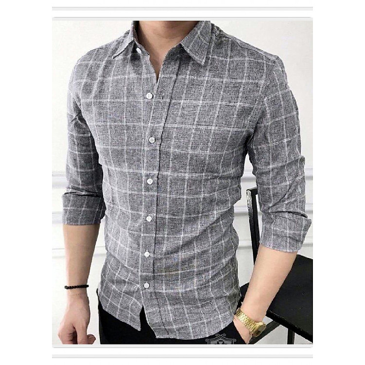 Áo Sơ Mi Nam Kẻ Caro Cổ Bẻ Dài Tay Phong Cách Hàn Quốc